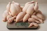 geenrate 10kg frozen chicken weign on scale and show the 10kg of the chicken assorted, whole and meaty