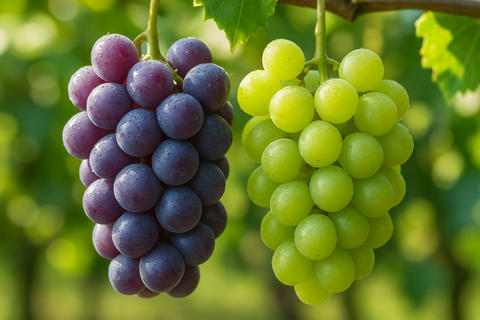 Bunch of purple grapes with a green leaf on a white background