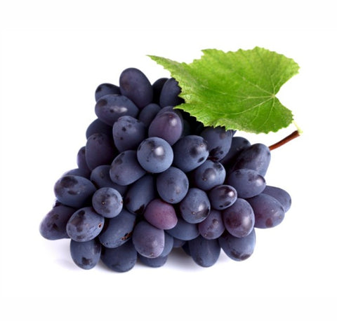 Bunch of purple grapes with a green leaf on a white background